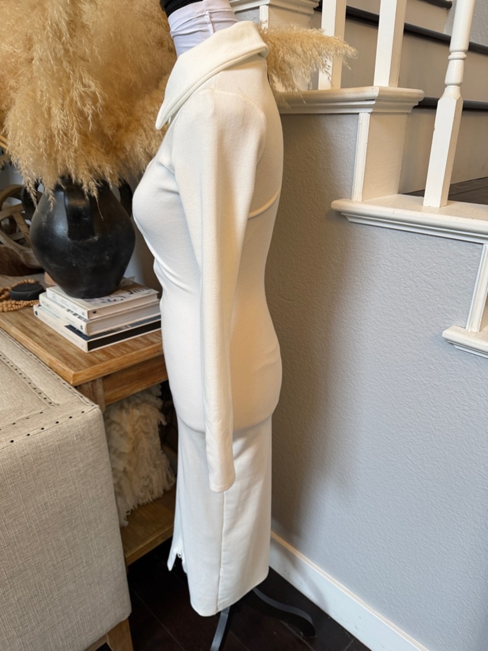 Nasty Gal Contour Ribbed High Neck Zip Front Cream Midi Dress Size 4 - Picture 4 of 7